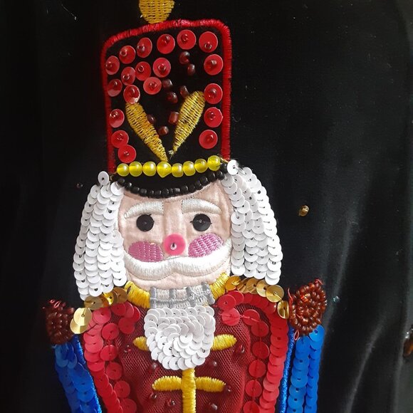 Michael Simon Event Medium Nutcracker Christmas Black Velvet Cardigan Sweater - Picture 11 of 16